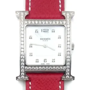 Heure H Steel with Diamond Bezel and Markers on Red Epsom Leather Strap