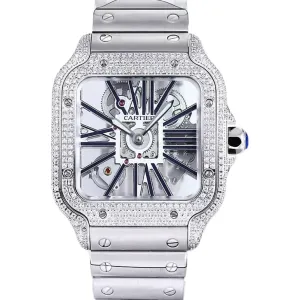 Santos De Cartier Watch Skeleton Dial Black Marker with Diamond Bezel in Steel